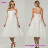 Tea-Length Wedding Dress Features a Ruched Bodice and Lovely Airy Tulle Overlay