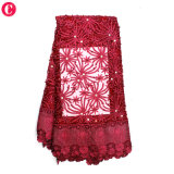 Hot Selling Wine Red Soft 3D Lace Fabric Tulle Beads Bridal