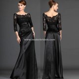 Black Taffeta Evening Dress 3/4 Long Sleeves Back Zipper Evening Gowns Yao1