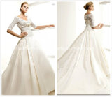 V-Neck 3/4 Sleeves Lace Satin Ivory Bridal Wedding Dress W52223