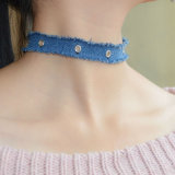 Handmade Blue Jean Tassel Silver Plated Rivet Choker Necklace