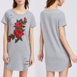 Fashion Women Leisure Casual Rose Flower Embroidery Shirt Dress