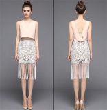 Elegant Modern Sleeveless Solid Color V-Neck T-Shirt /Sweet High Waist Lace Fringed Skirt Suit