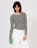 Classic Fitted Stripe Panelled Long Sleeved T-Shirt with Shoulder Zip
