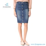 Office Ladies Women Denim Pencil Skirt with Whisker and Faded
