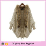 Women Loose Knitted Winter Batwing Fur Collar Cardigan Sweater