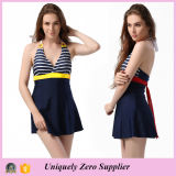 2016 Navy Style Stripe Prints One-Piece Backless Swimsuit with Waist Belts