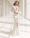 Falbala Long Sleeve Deep V Neck Front Split Lace Bridal Prom Dress Wedding Gown