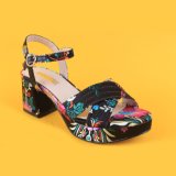 Women Black Jacquard Helled Wedge Sandals for Lady