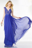 Hollowed Back Lace and Chiffon Blue Evening Dress