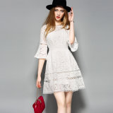 Fashion Hollow Floral Puff Sleeve Lace Women Party Dress