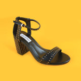 Ladies MID Heel All Black Ankel Strap Sandals with Gold Beads