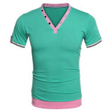 Men's V-Neck Short Sleeve Contrast Color Patchwork Fashion Casual T-Shirt