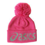 Pink Knitted POM POM Hat with Logo in NTD1218