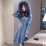 Lady's Hooded Shearling and Lamb Leather Coat Long Style