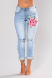 Women's High Waist Destroyed Ripped Hole Embroidered Distressed Skinny Denim Jeans