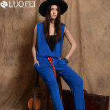 Women Cotton Jersey V Neck Wrapped Jumpsuit with Cord