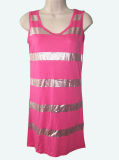 Womens Sleeveless Striped Sequins Print Pink Tank Top Dress/Sweatshirt Dress