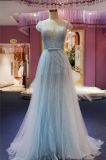 Blue A Line Tulle Evening Gown