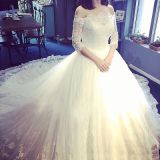 off Shoulder Full Sleeves Bridal Wedding Gown with Lace Pattern