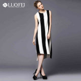 Quality Fashion Women Asymmetrical Black Cream Thick Stripe Dress