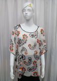 Lady Fashion Paisley Printed Polyester Chiffon Silk T-Shirt (YKY2223)