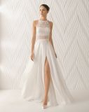 Lace Beaded Chiffon Side Slit A Line Evening Bridal Wedding Dress (RS011)