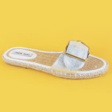 Fashion Girl Buckle Decoration Silver Jute Insole Flat Women Espadrille Slide Sandals