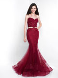 Crop Top Wine Red Mermaid Tulle Gown Prom Evening Dress