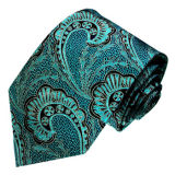 New Fashion Green Colour Background Turkey Flower Pattern Men's Woven Silk Neckties