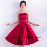 Strapless Sleeveless Satin Simple Tea Length Red Bridesmaid Dresses