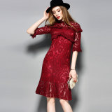 Polyester Red Hollow Floral Printed Women Dress with Half Sleeve