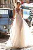 Lace Tulle Bridal Dress V-Neck Sheer Travel Beach Wedding Evening Prom Dress P68