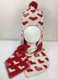 Yonger Winter Hoodie Baby Girls Boys Kid Hat Wool Knitted Crochet Beanie Cap Heart Print Scarf Set (HW604S)