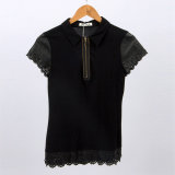 Ladies Hot Sale T-Shirt Short Sleeve Shirt Collar with Zipper