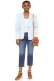 Women One Button Casual Style Blue White Striped Suit Jacket