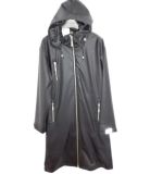Black Hooded Solid Waterproof PU Raincoat