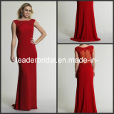 Red Chiffon Evening Dresses See Through Back Lace Neckline Sheath Maid of Honor Bridesmaid Party Prom D347