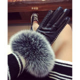 with Removable Rex Rabbit Fur Pompom Touchscreen Leather Gloves