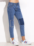 2017 High Quality Customized Blue Patchwork Ankle Jeans Wholesale