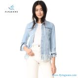 100% Cotton Faded Women Jean Jacket with Button-Flap Breast Pockets