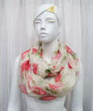 Lady Flower Printed Fashion Polyester Voile Infinity Silk Scarf (YKY1057)