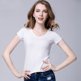 2017 Wholesale Fashion Design Custom Printing 100% Cotton Custom V Neck Women White T Shirt