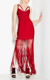Red Slip V-Necked Bandage Tassels Dress