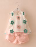 Little Girls' Short Set Flower Top and Solid Pant Fashion Suit 2 PCS Flower Suit