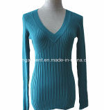 Ladies Knitted V Neck Sweater with Softer Handfeel (L15-030)