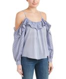 Wholesale Summer Chambray Ruffle Striped Women Blouses Top