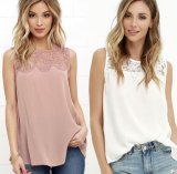 Summer Woman Chiffon Lace Tee Shirts Round Neck Sleeveless Patchwork Party Club Casual Street Fashion Lady T Shirt Top 35