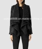 Ladies Fashion PU Leather Jacket with Knit Scarf
