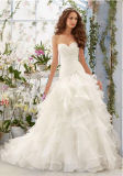 Luxury Ivory Pleat Ruffle Sweetheart Corset Organza Flounce Wedding Gown